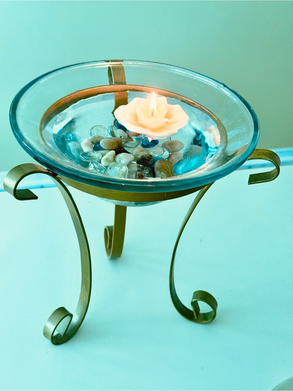 Glass Bowl Candle Holder with Metal Tripod - Clear Glass, Brass Finish